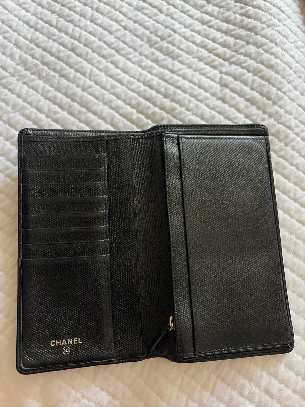 CHANEL Black Leather Continental Card Holder with Gold CC Button